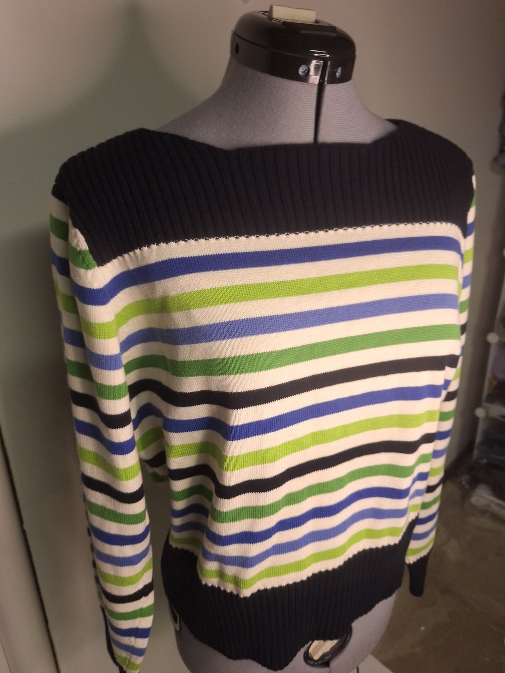 Liz Claiborne Striped 100% Cotton Sweater in Navy, White, Blue & Green Size Lg